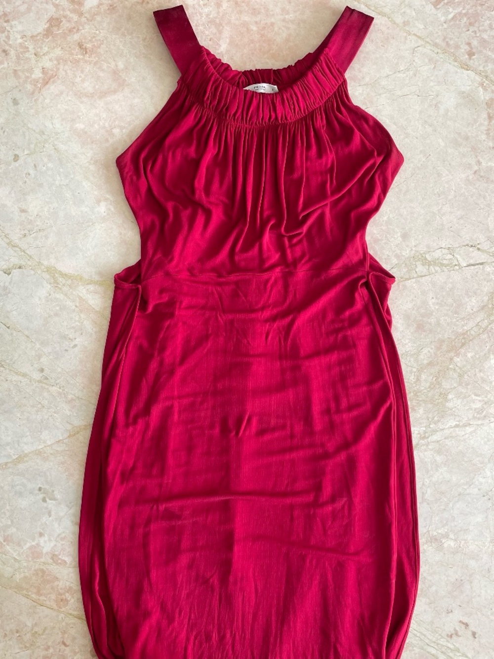 PRADA red midi dress with ruffle cape